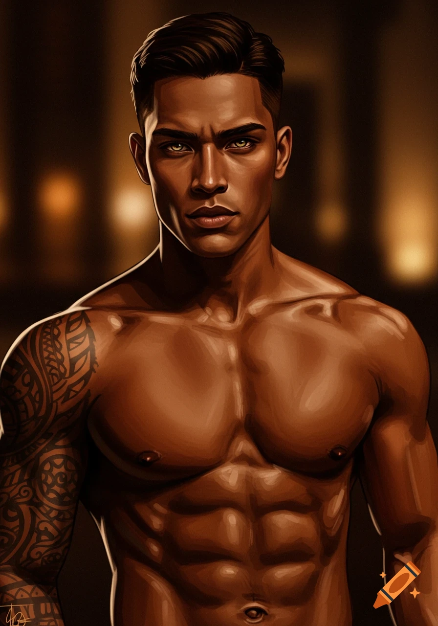 Digital painting of a handsome, muscular man with bronze skin, dark hair, and a full sleeve tattoo on his left arm, looking stoic.