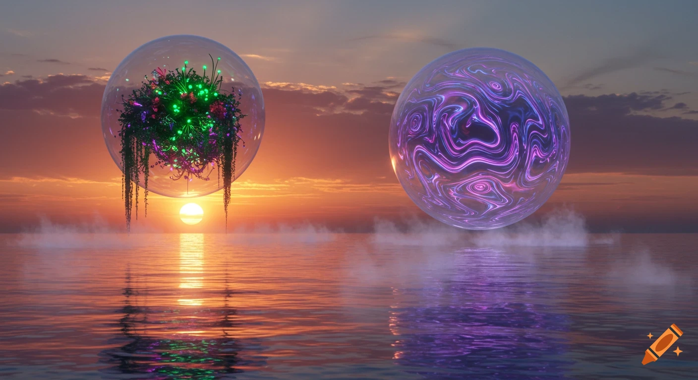 Two glowing futuristic orbs hover over a misty ocean at sunset, with one filled with glowing plants and the other with swirling purple light.