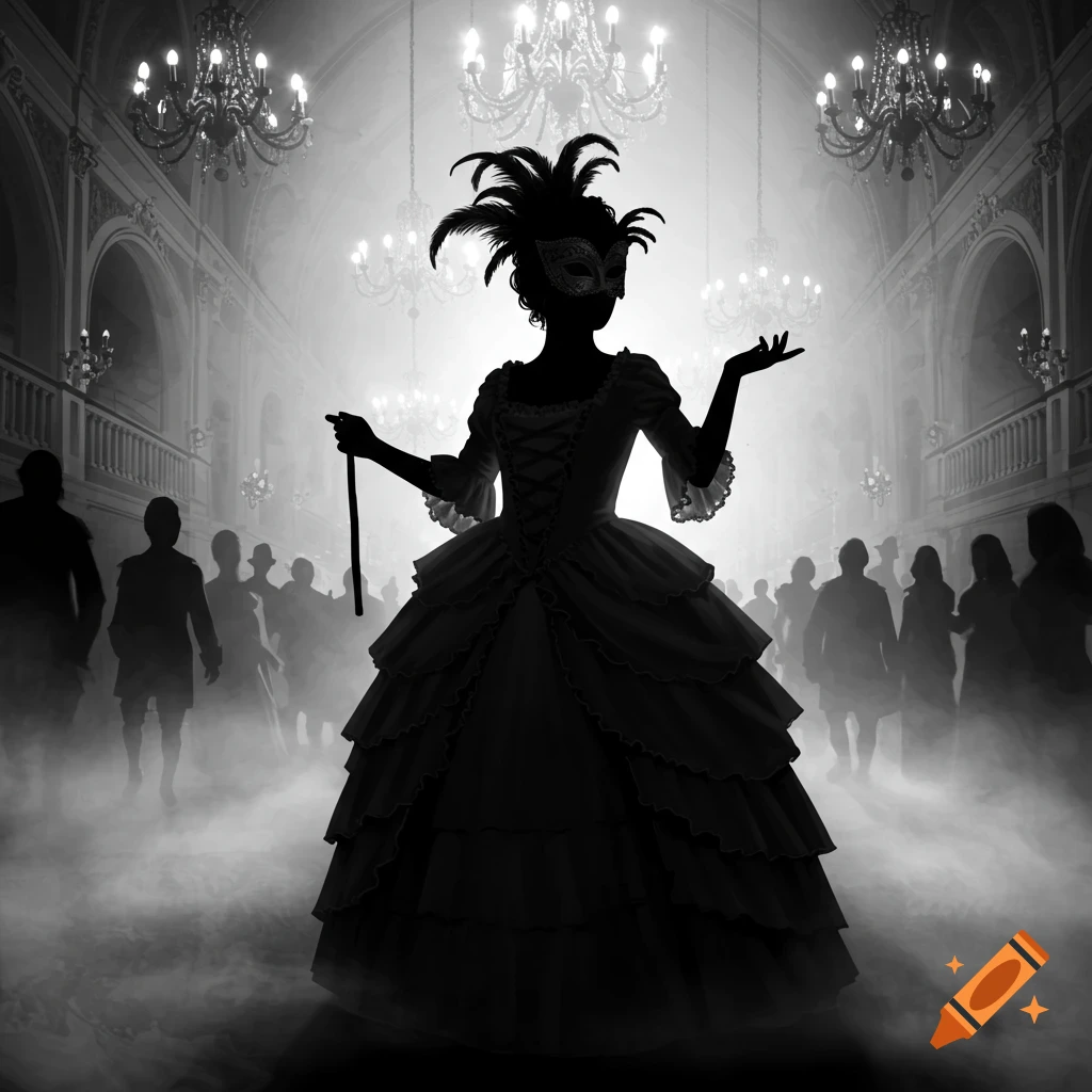 A masked figure in a grand tiered gown, holding a stick, silhouetted in a hazy ballroom with chandeliers and other figures.