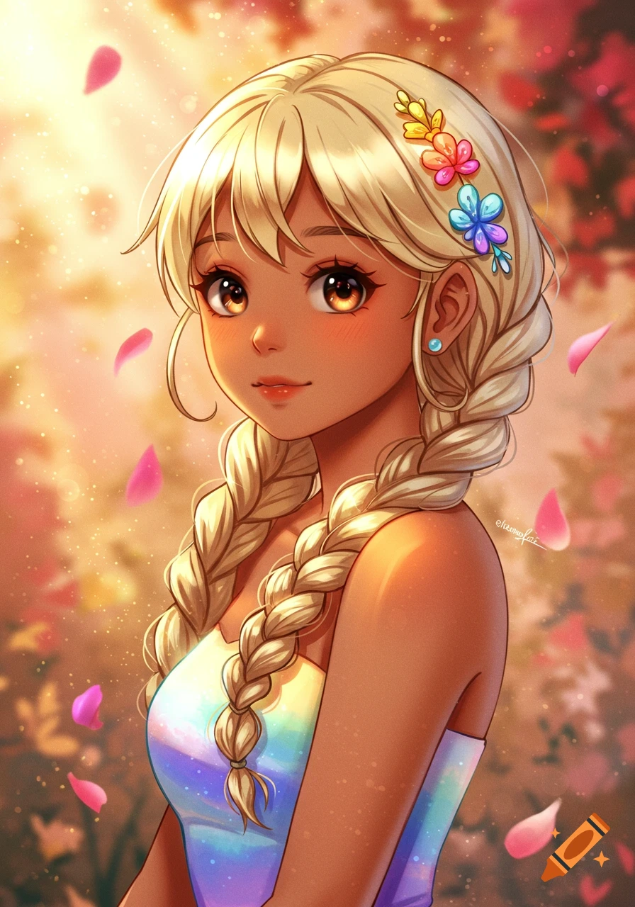 Anime girl with blonde braids, tan skin, brown eyes, and rainbow outfit. Flowers in hair, pink petals in a sunny setting.