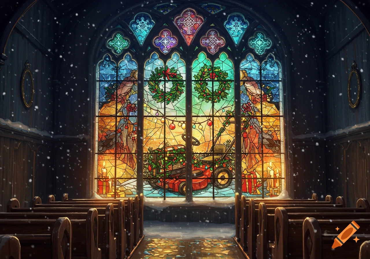 A vibrant stained glass window in a church depicts a Christmas-decorated lawnmower and wreaths with snow falling outside.