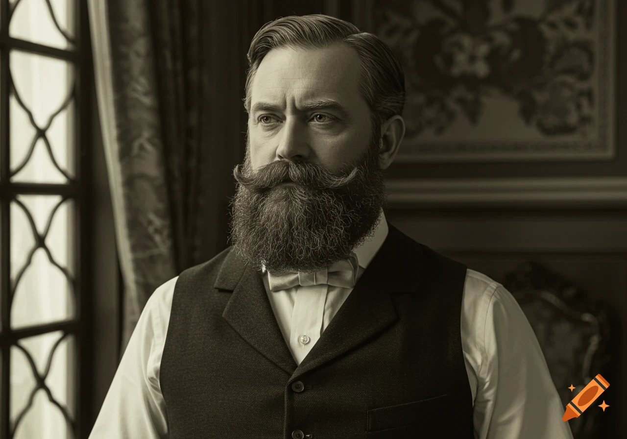 A sepia-toned portrait of a serious Victorian gentleman with a full beard, curled mustache, and a bow tie, looking contemplatively to the left.