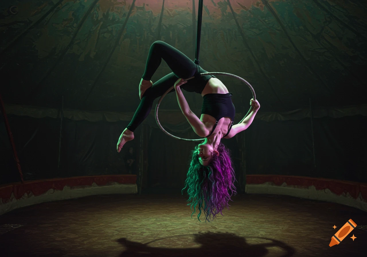 A woman with green and purple ombre hair performs an aerial hoop act, hanging upside down in a dimly lit circus tent.