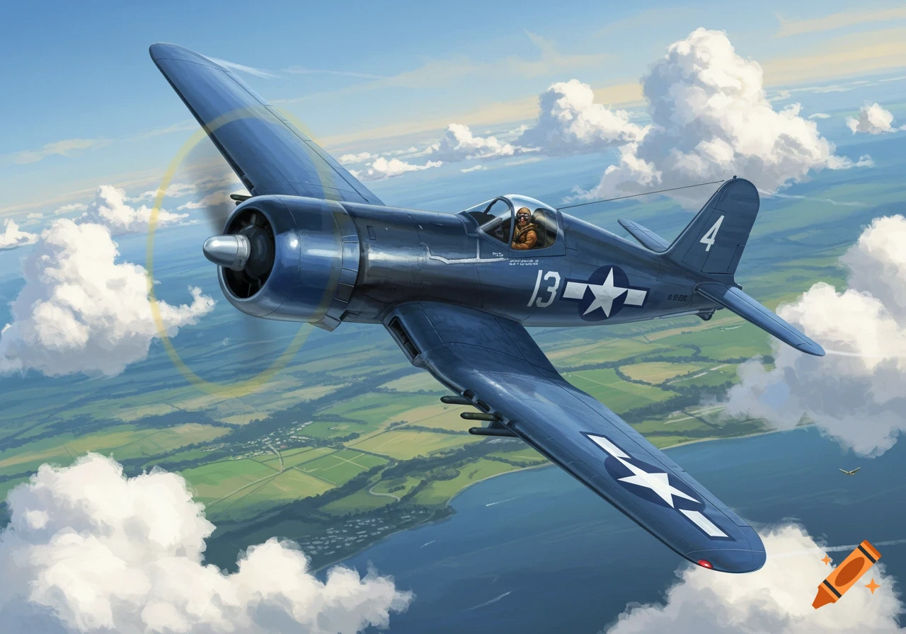 An illustration of a dark blue Vought F4U Corsair fighter plane with a pilot in the cockpit flying over a green landscape with clouds.