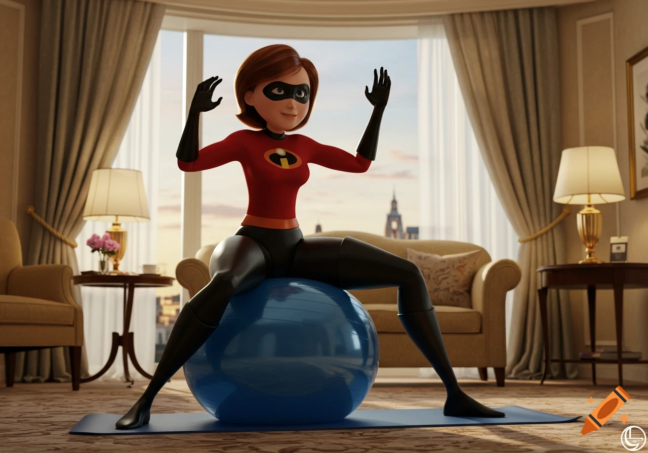 Animated Elastigirl in her red and black superhero suit sits on a blue exercise ball, doing aerobics in a bright hotel room.