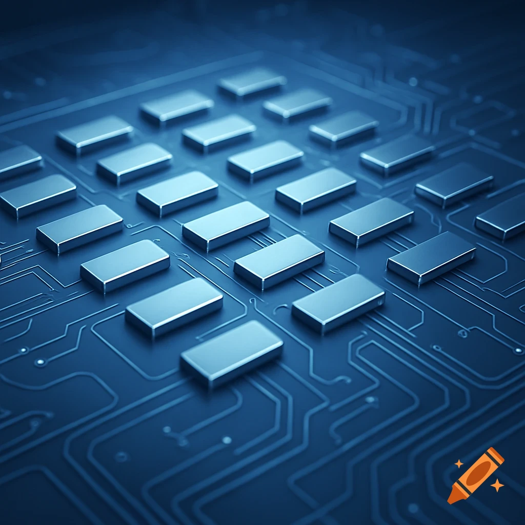 Close-up of a metallic blue circuit board with many rectangular components arranged in a grid.