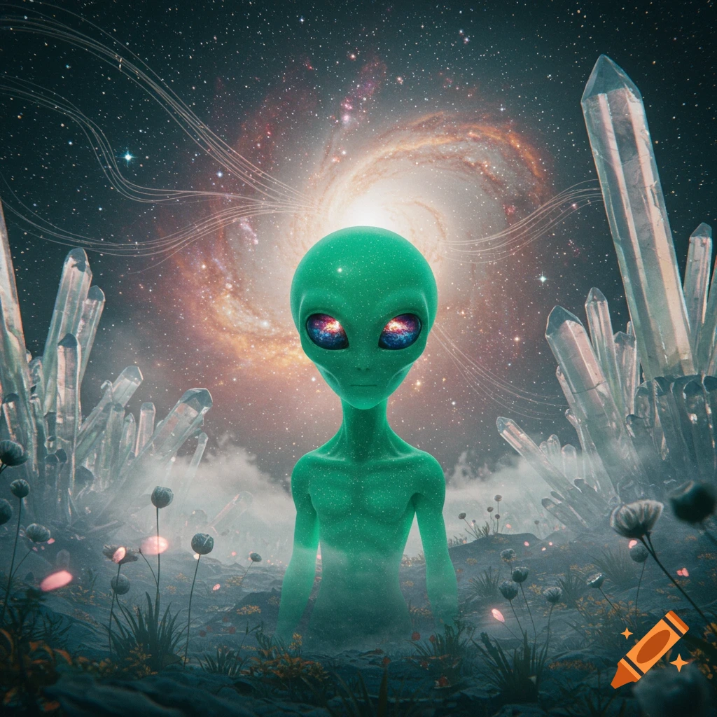 A green alien with large dark eyes stands in an alien landscape with glowing plants and tall crystals under a swirling galaxy.