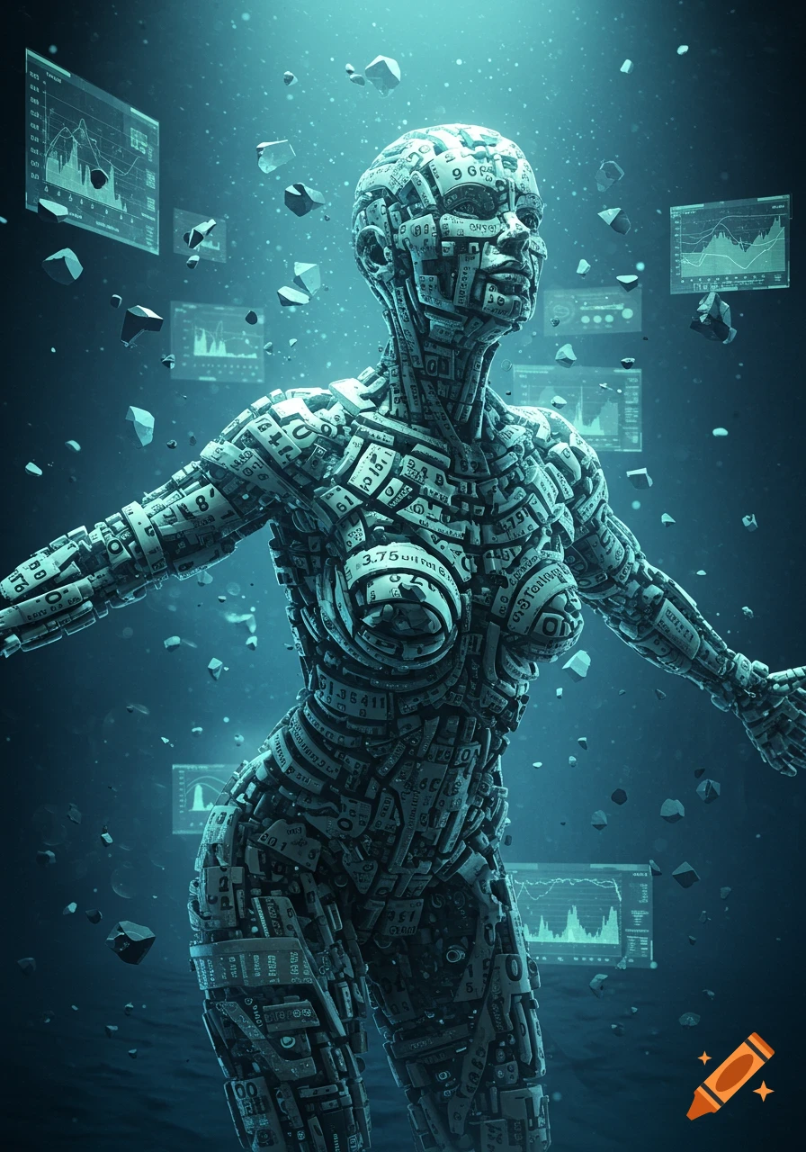 A humanoid figure made of numbers and circuit-like components emerges from a dark blue, digital abyss with floating data screens.