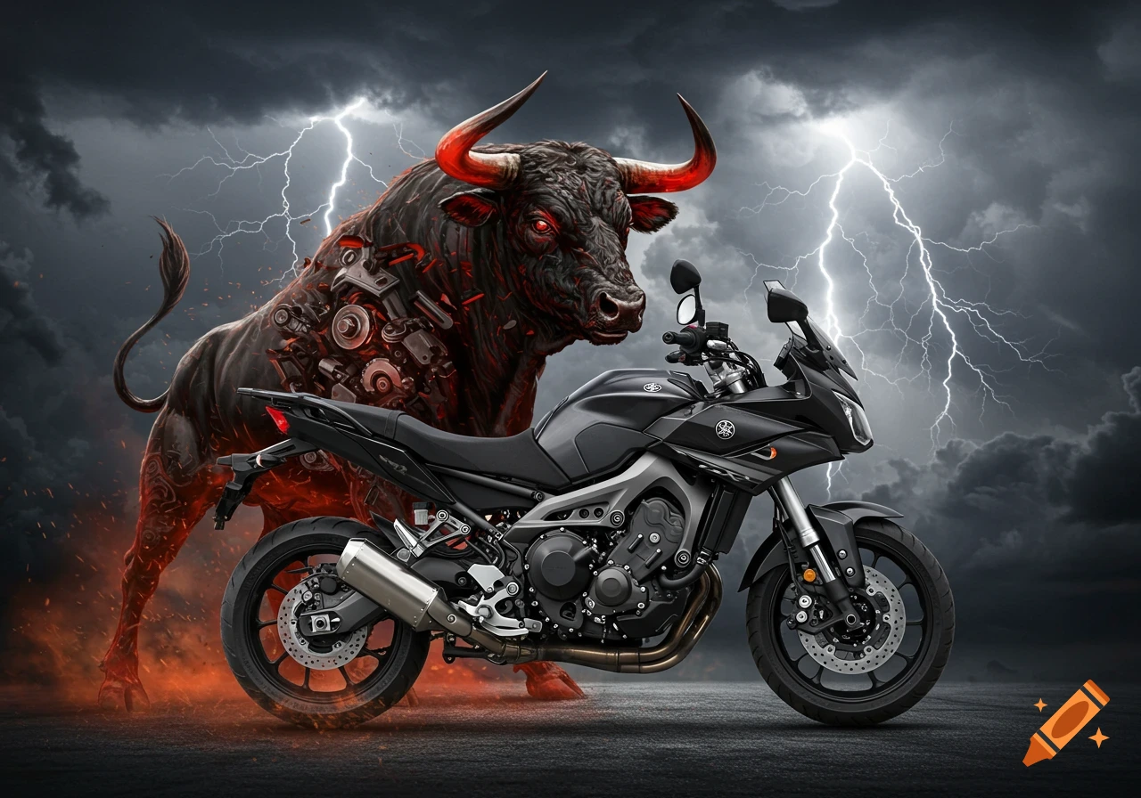 A powerful black and red mechanical bull stands behind a gray Yamaha motorcycle under a stormy sky with lightning and fire effects.