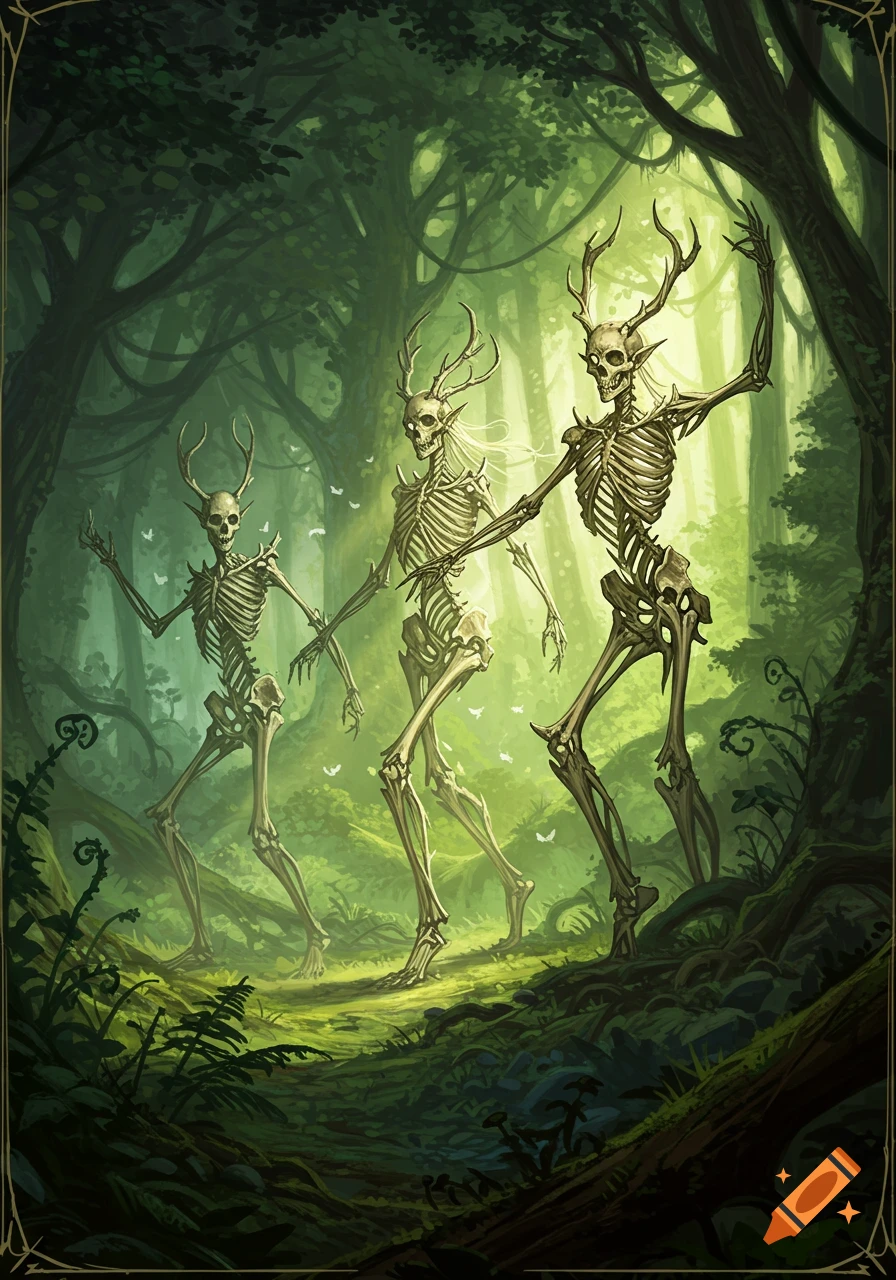 Three skeletal elves with antlers and long ears dance through a dark, ethereal forest filled with glowing light and ferns, in a fantasy illustration style.