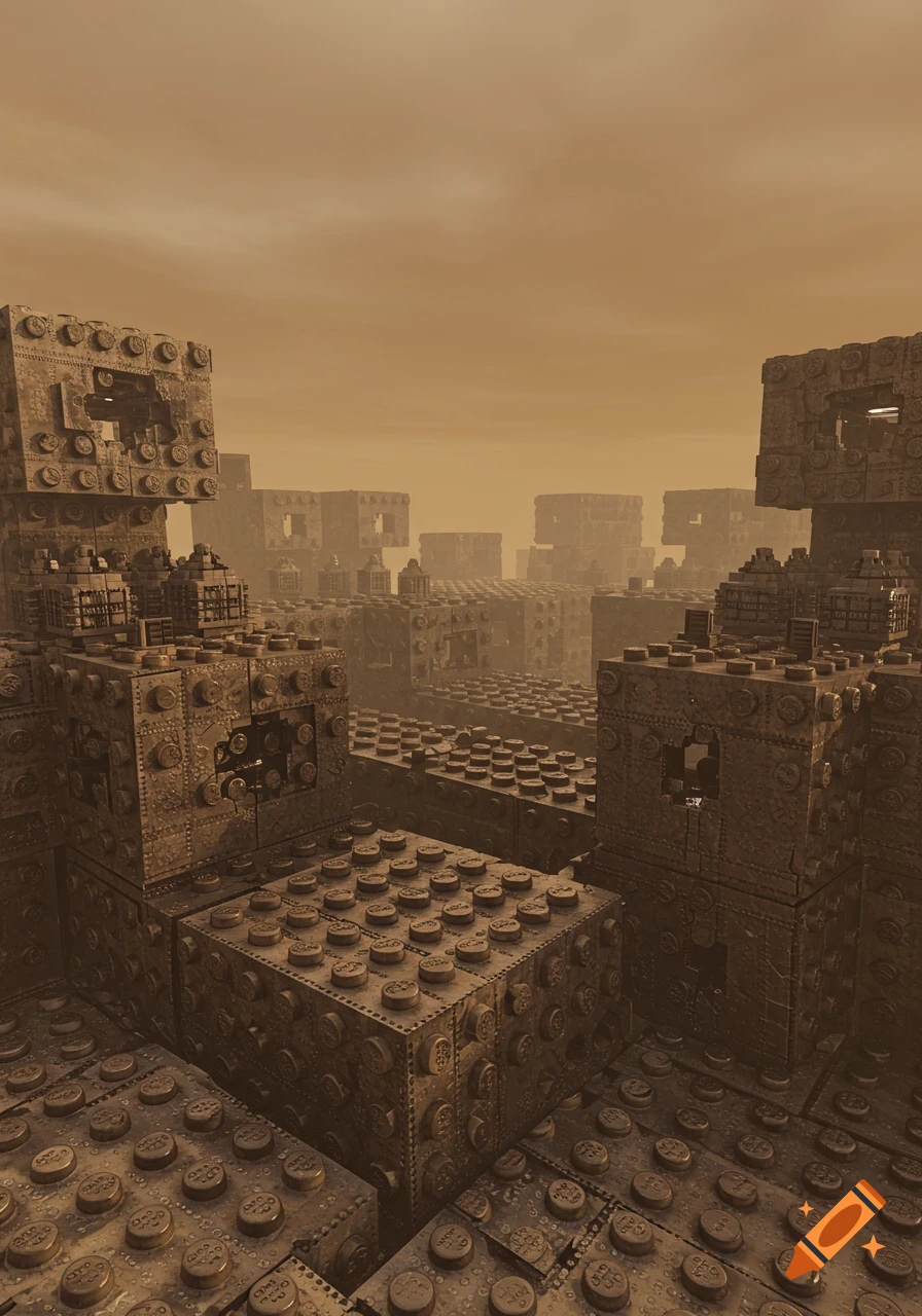 A dystopian, foggy cityscape made of giant, weathered, sepia-toned LEGO-like blocks under a matte brown sky.