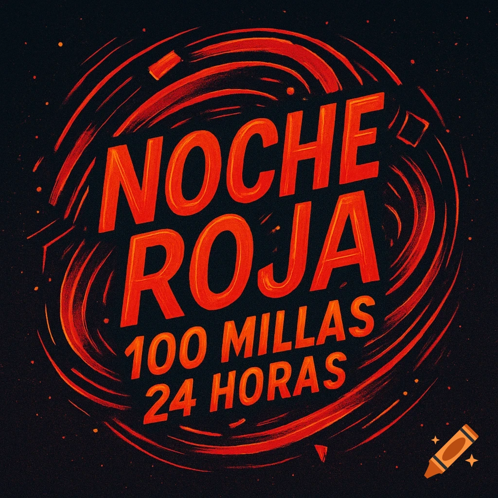 Logo with bold red text 'Noche Roja', '100 Millas', '24 Horas' on a dark background with a vibrant swirling red design.