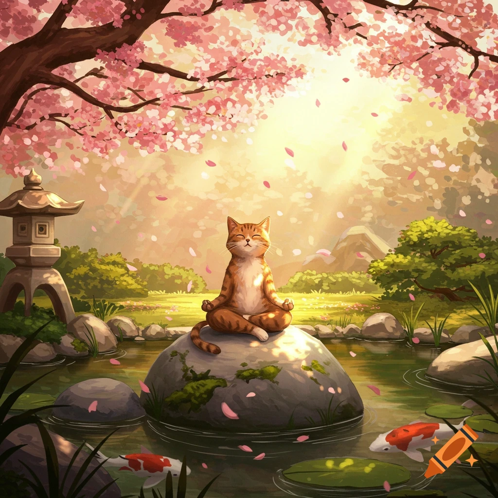 A serene ginger cat meditates on a rock in a koi pond, surrounded by pink cherry blossoms and lush greenery in a digital art style.