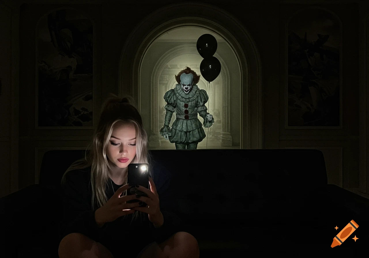 A young woman on a couch looks at her phone, illuminated by its light, with Pennywise holding black balloons in an archway behind her in a dark room.