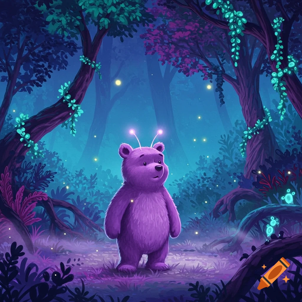 An illustration of a purple bear with glowing antennae standing in a vibrant, magical forest lit by fireflies and glowing plants.