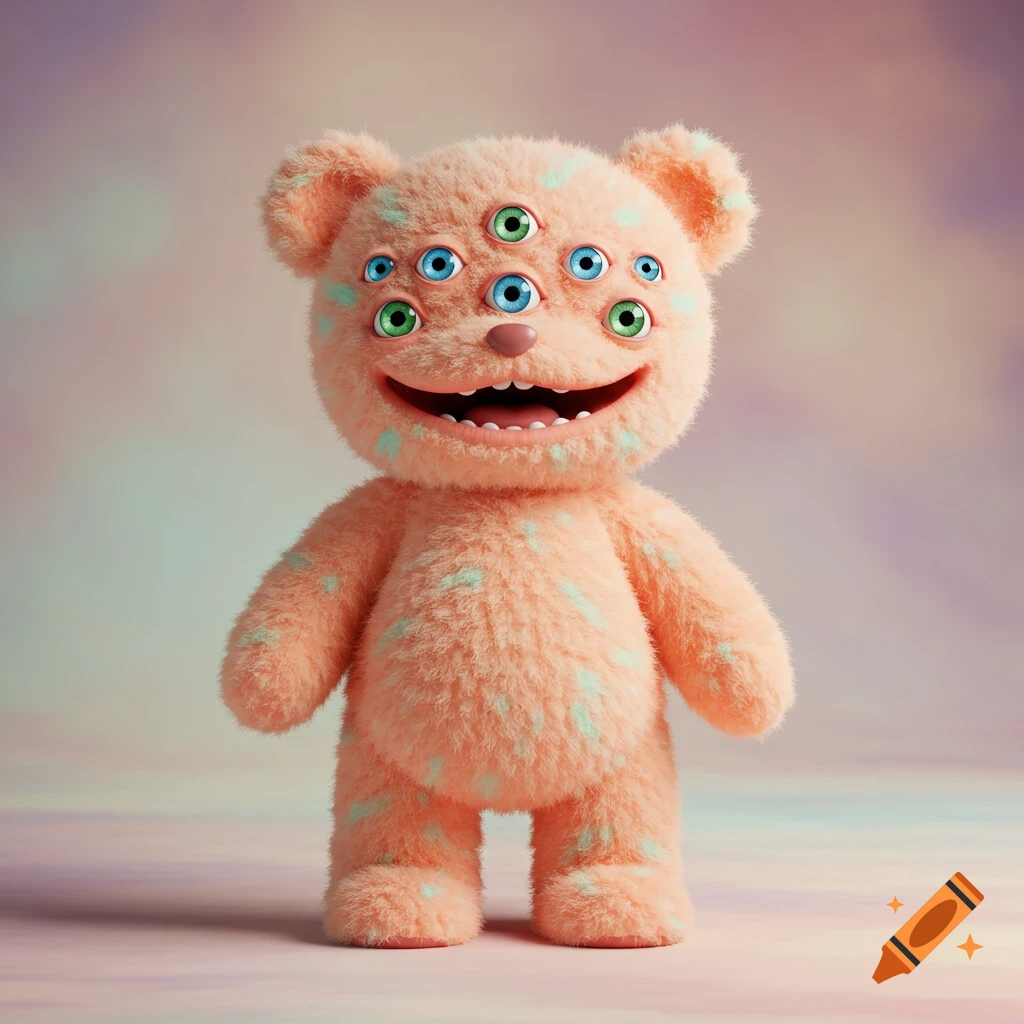 A fluffy pastel pink teddy bear with light blue spots, eight blue and green eyes, and a wide, open smile stands.
