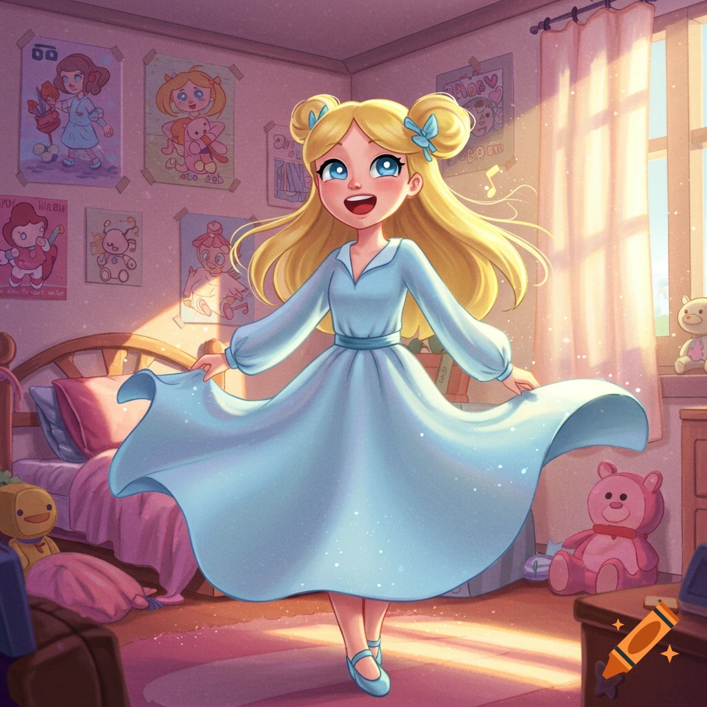 Blonde cartoon girl in a light blue dress dancing joyfully in a sunlit bedroom with posters and toys.