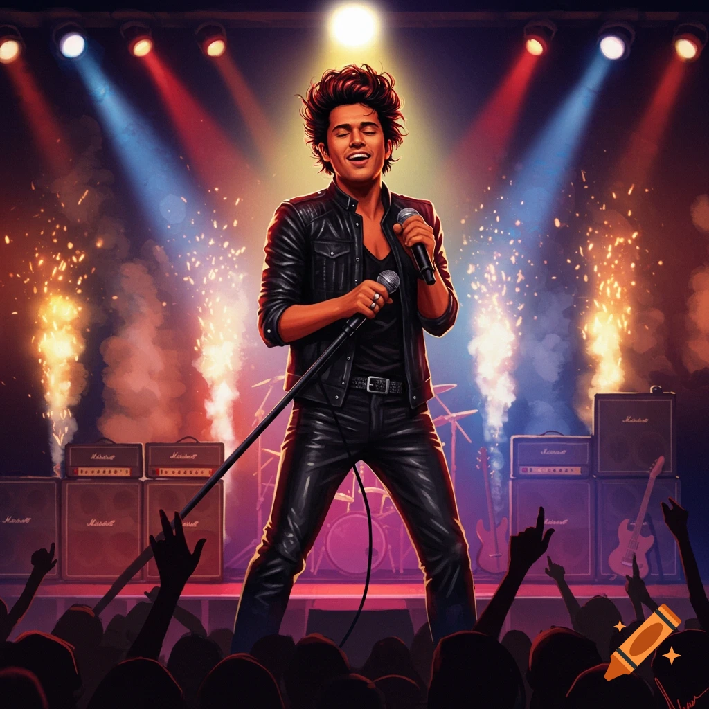 A charismatic male rock singer in a black leather outfit sings on stage under spotlights, with pyrotechnics and a cheering crowd.