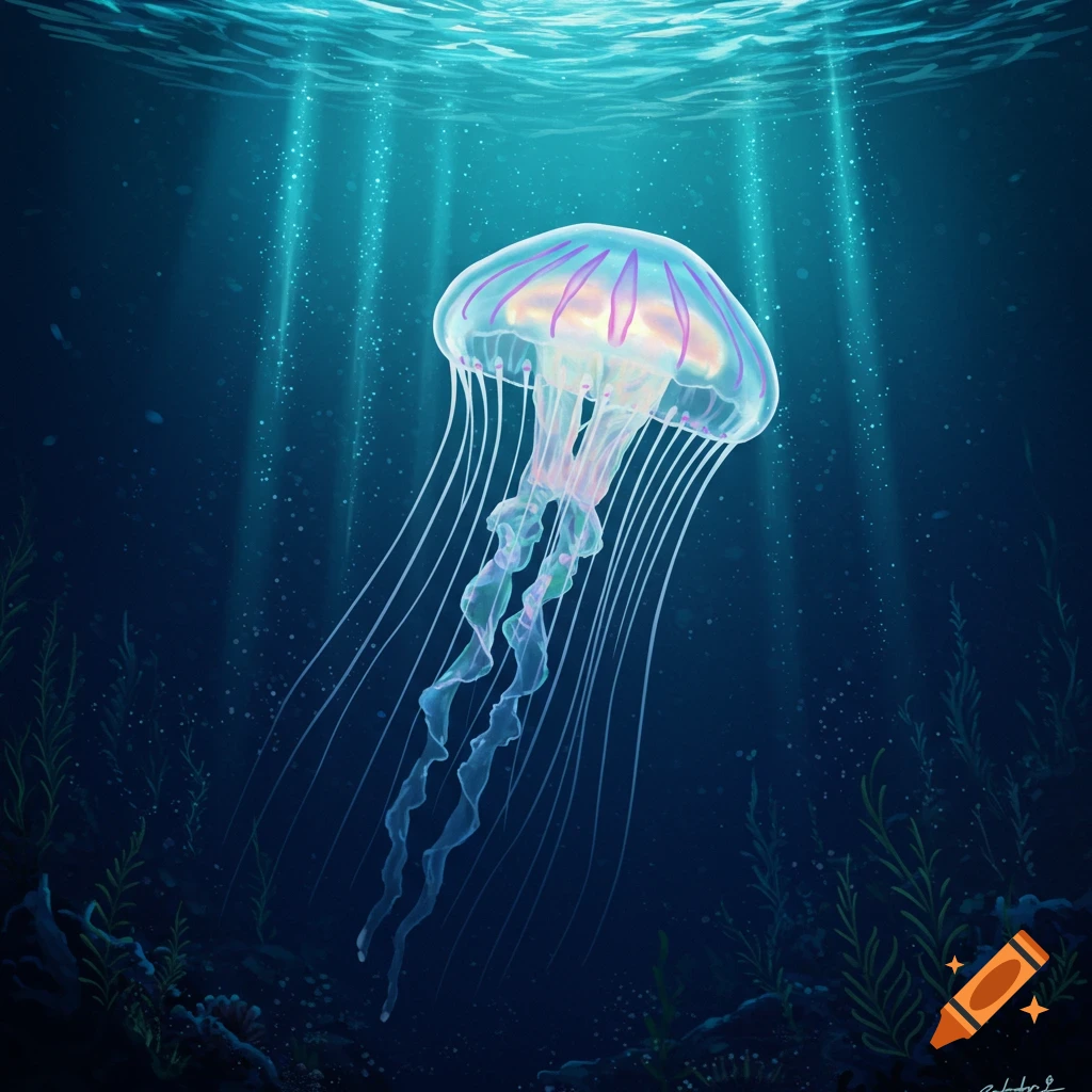 A bioluminescent jellyfish glows underwater with light rays filtering from the surface, surrounded by marine plants.