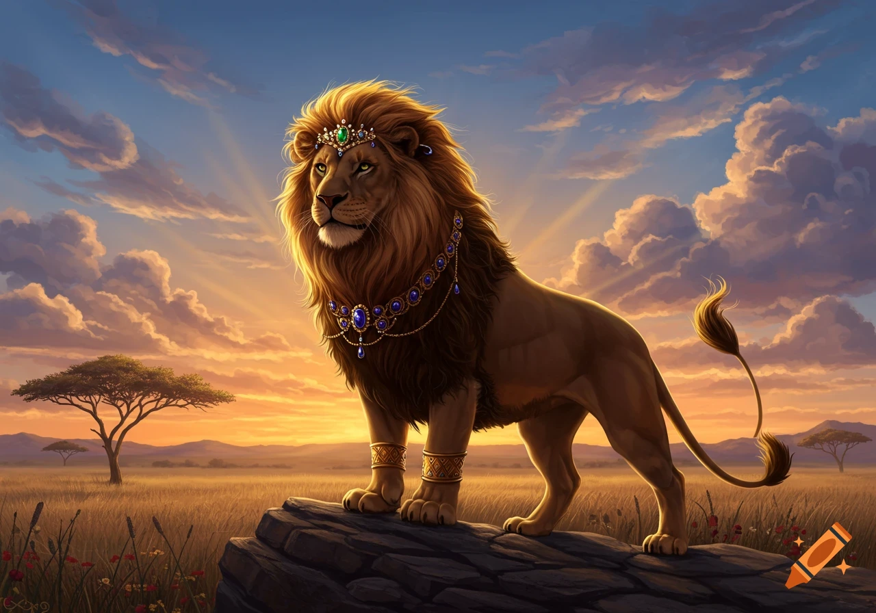 A majestic, regal lion wearing a golden crown and jewelry stands on a rock in a savanna at sunset. Digital art style.