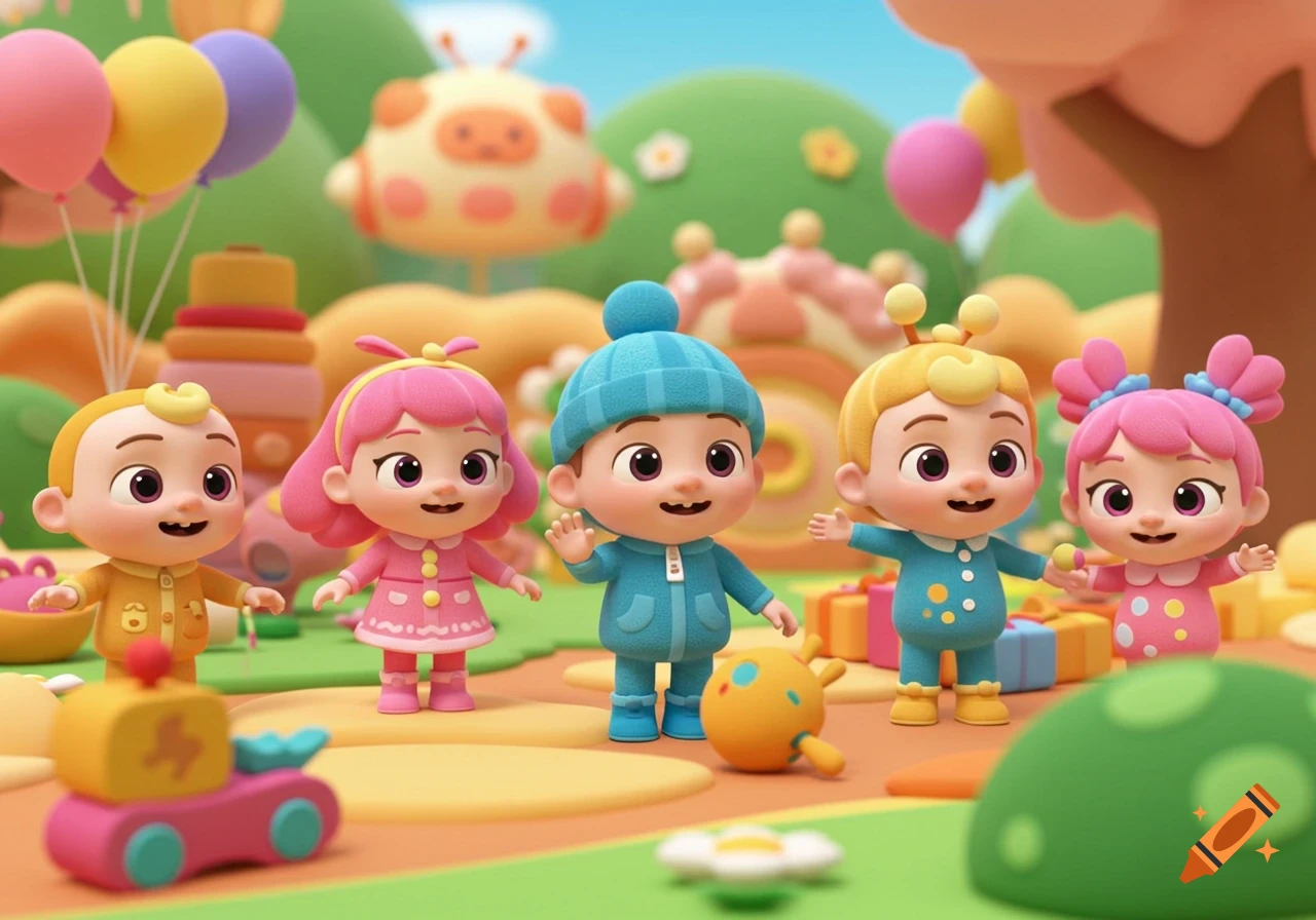 Five cute cartoon children, similar to Cocomelon characters, stand and wave in a colorful animated playground with balloons and toys.