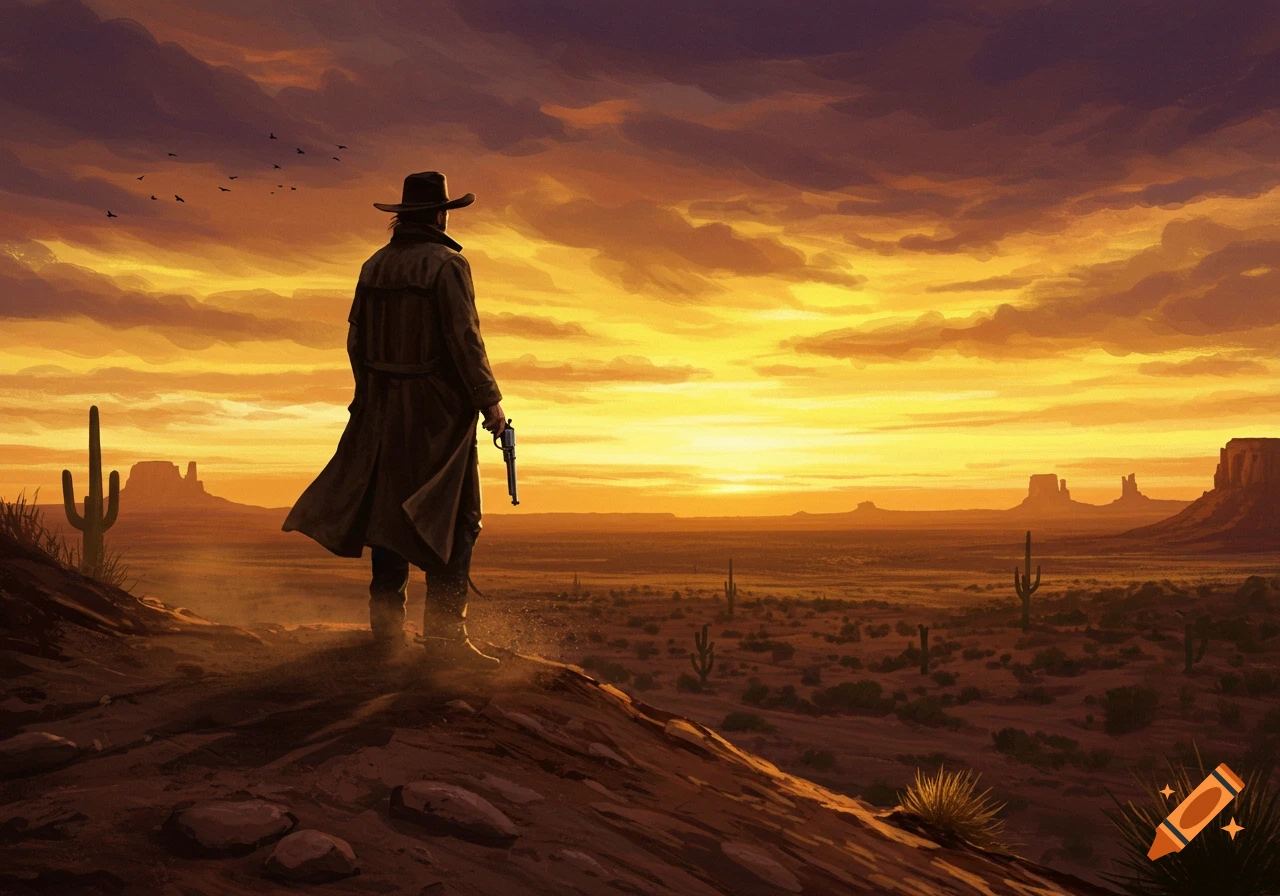 A lone cowboy with a gun stands on a desert ridge, facing a fiery orange and purple sunset over a vast landscape.