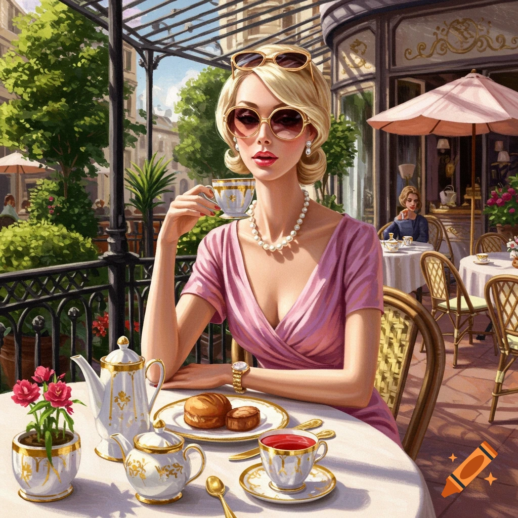 Stylish blonde woman in a pink dress and sunglasses having tea at an outdoor cafe, illustration style.