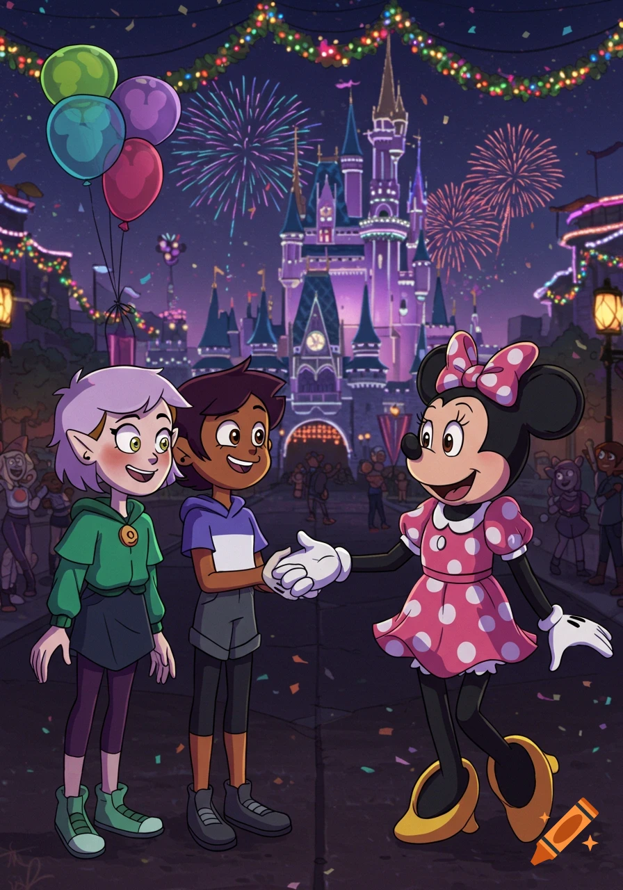 Amity Blight and Luz Noceda meet Minnie Mouse, shaking hands at a festive Disneyland with fireworks and Cinderella Castle at night in a cartoon style.