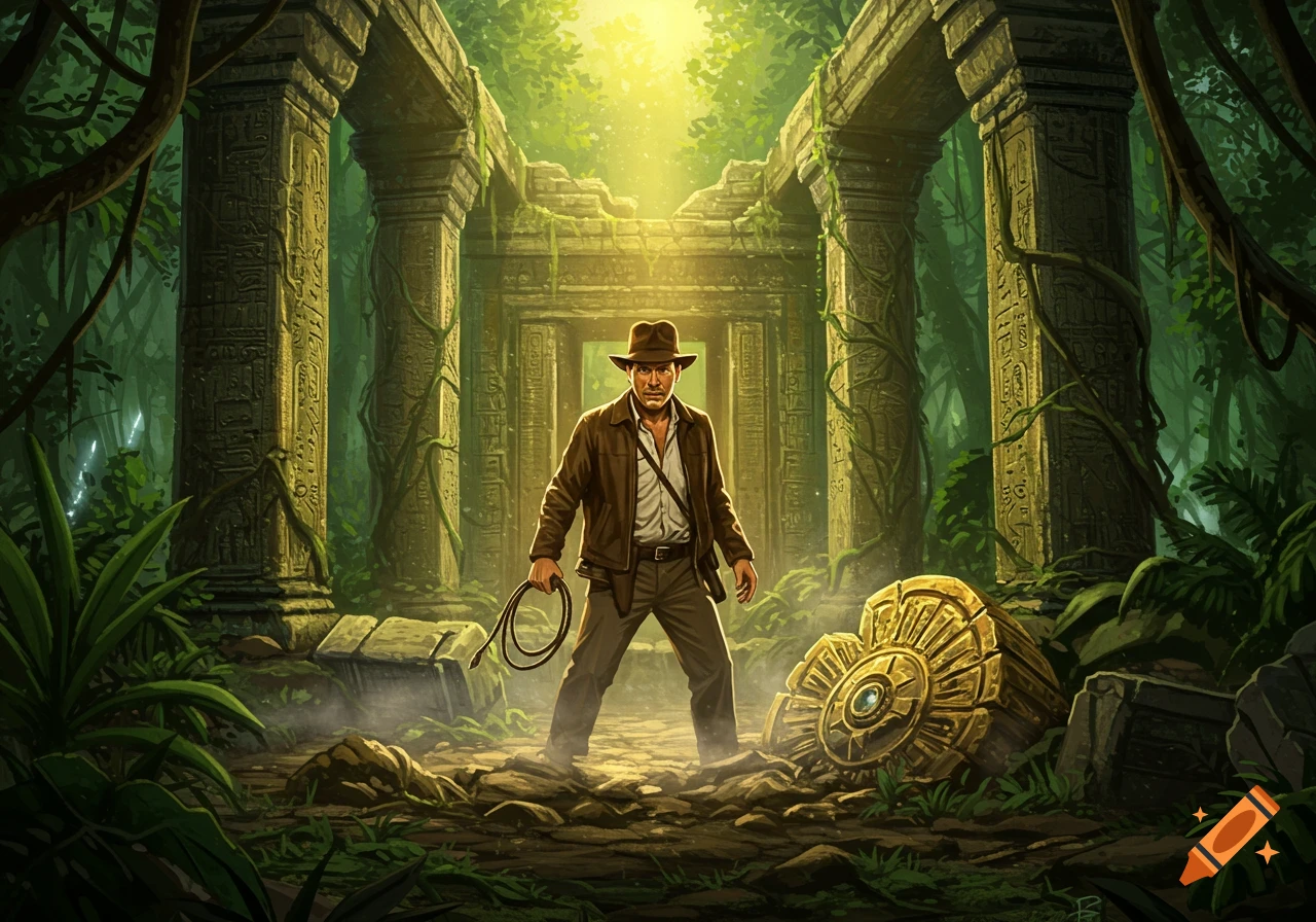 A male adventurer resembling Indiana Jones stands in a sunlit ancient jungle ruin, holding a whip, with a golden artifact nearby.