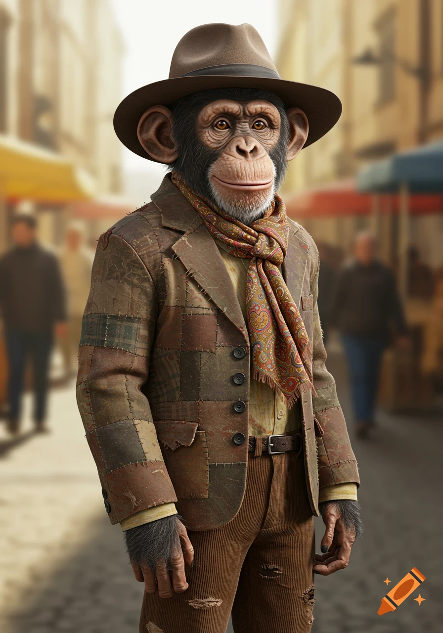 Photorealistic chimpanzee wearing a brown hat, patchwork jacket, patterned scarf, and corduroy pants, standing on a street.