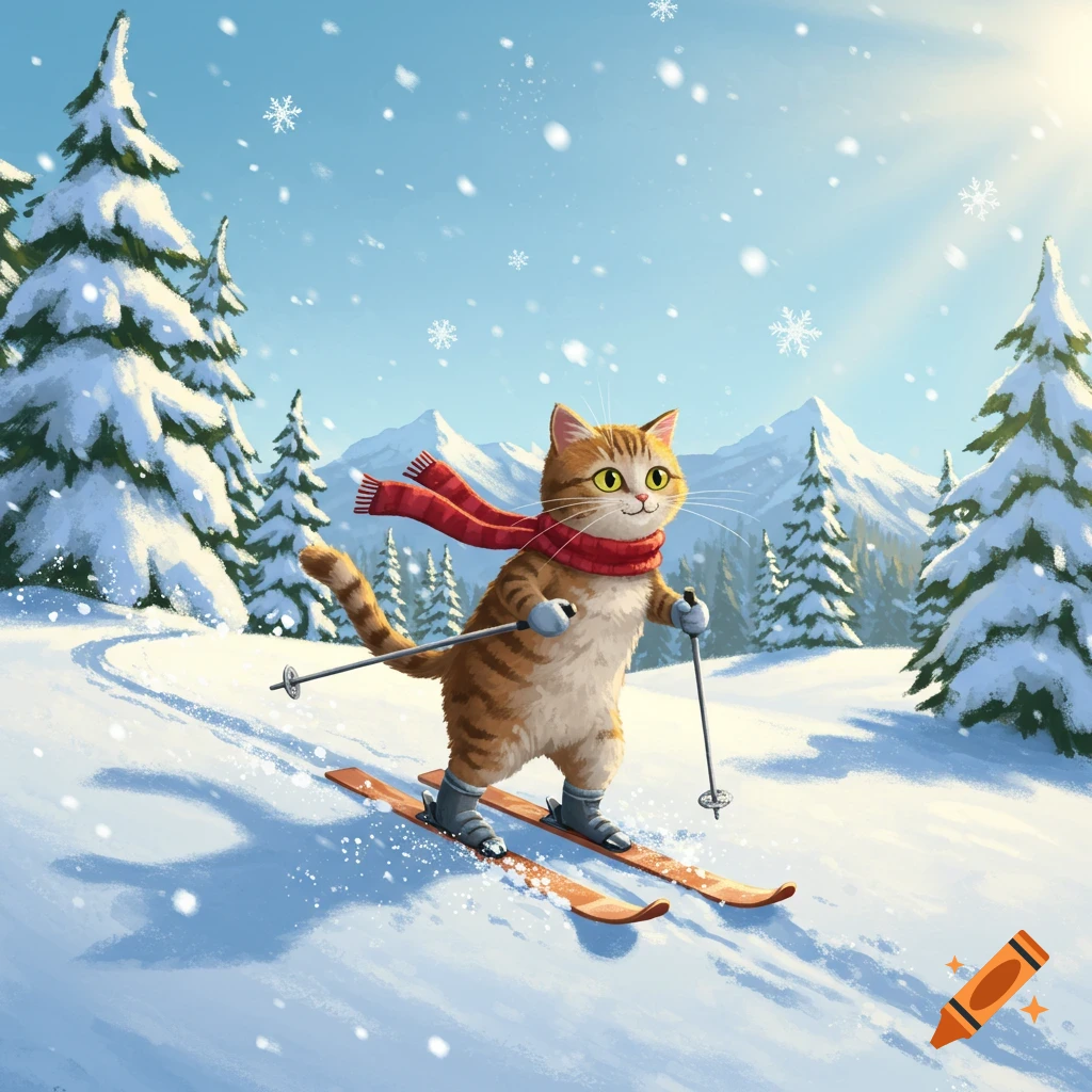 A smiling cartoon ginger cat in a red scarf skis down a snowy mountain slope with evergreen trees.