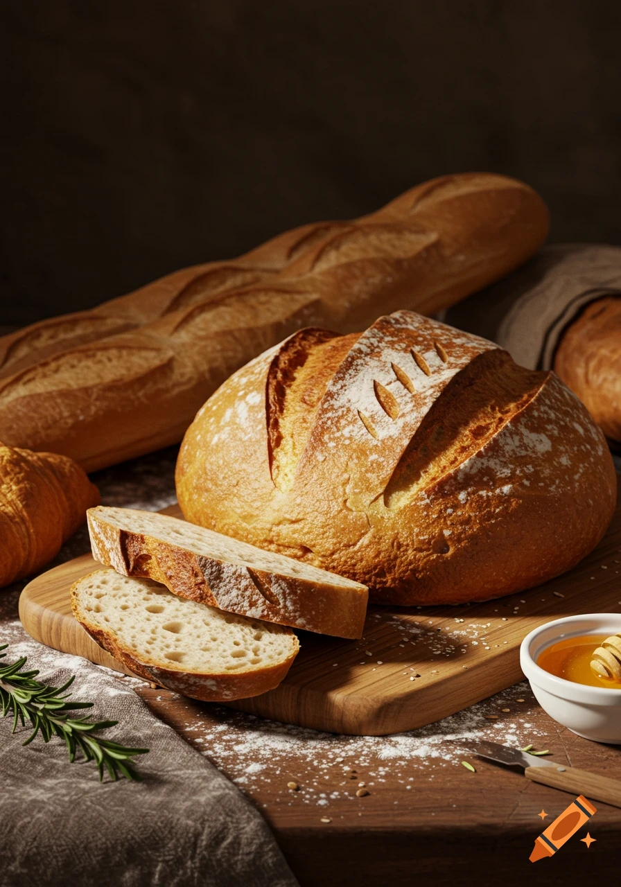 Photorealistic still life of fresh artisan bread, including a round loaf, baguette, slices on a board, croissant, and honey.
