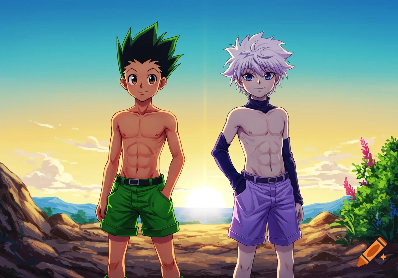 Anime boys Gon and Killua, shirtless with abs, stand outdoors at sunset with a coastal background.