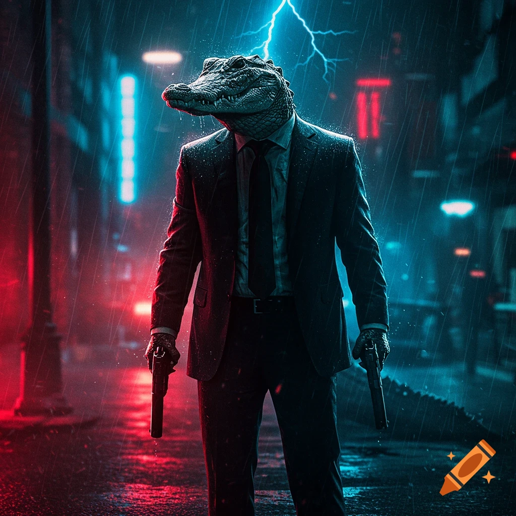 An anthropomorphic alligator in a suit holds two pistols on a rainy, neon-lit cyberpunk street at night, with a lightning bolt.