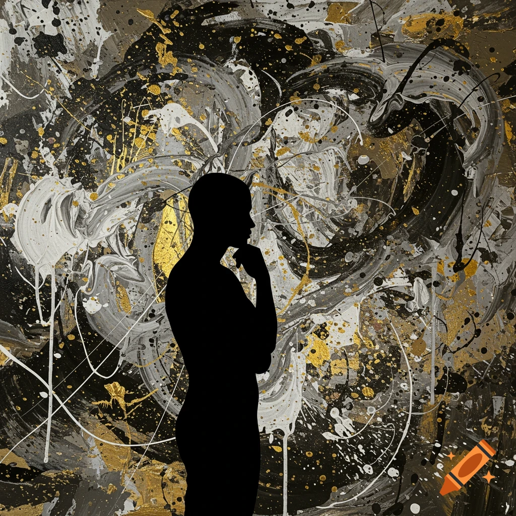 A black silhouette of a thoughtful person against an abstract splatter painting in black, white, gold, and gray.