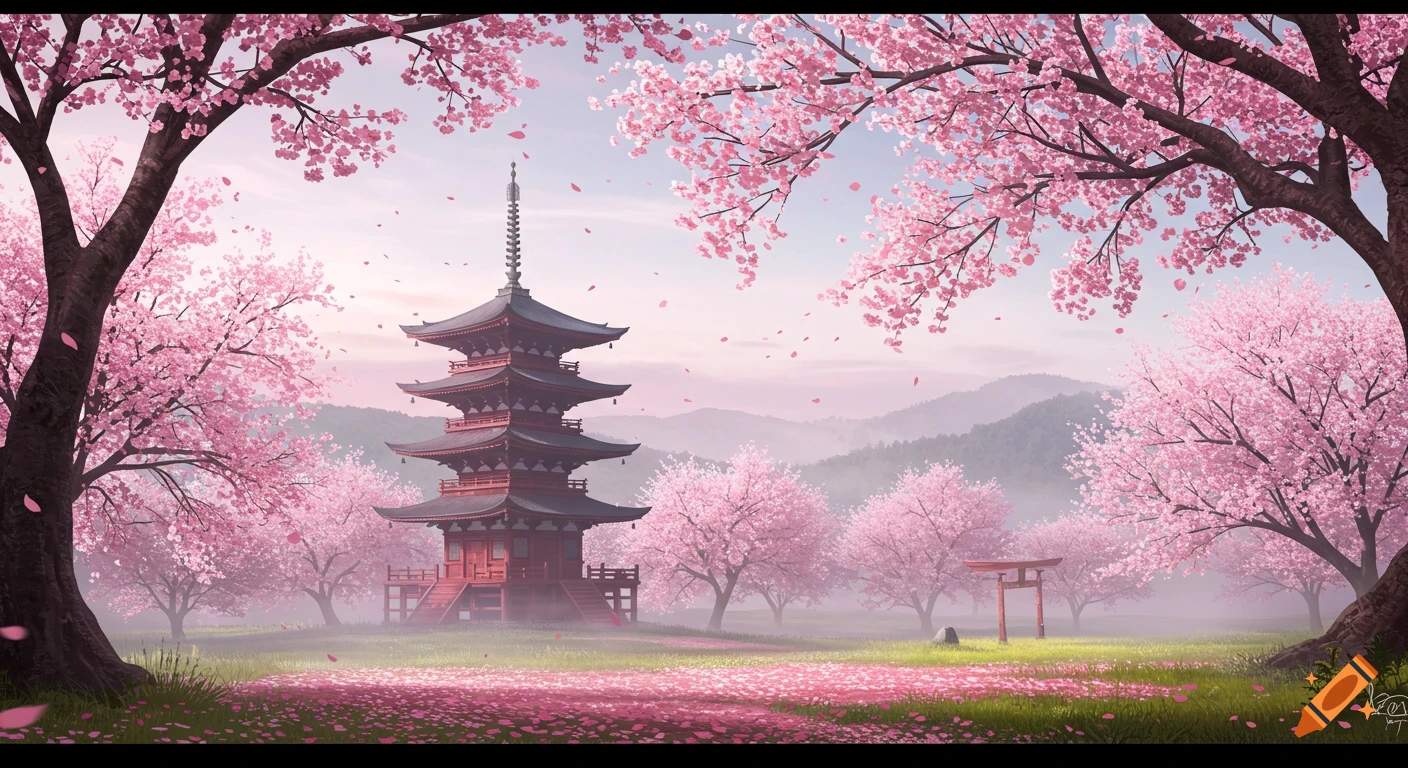A vibrant illustration of a Japanese pagoda and pink cherry blossom trees with falling petals, set in a misty landscape.