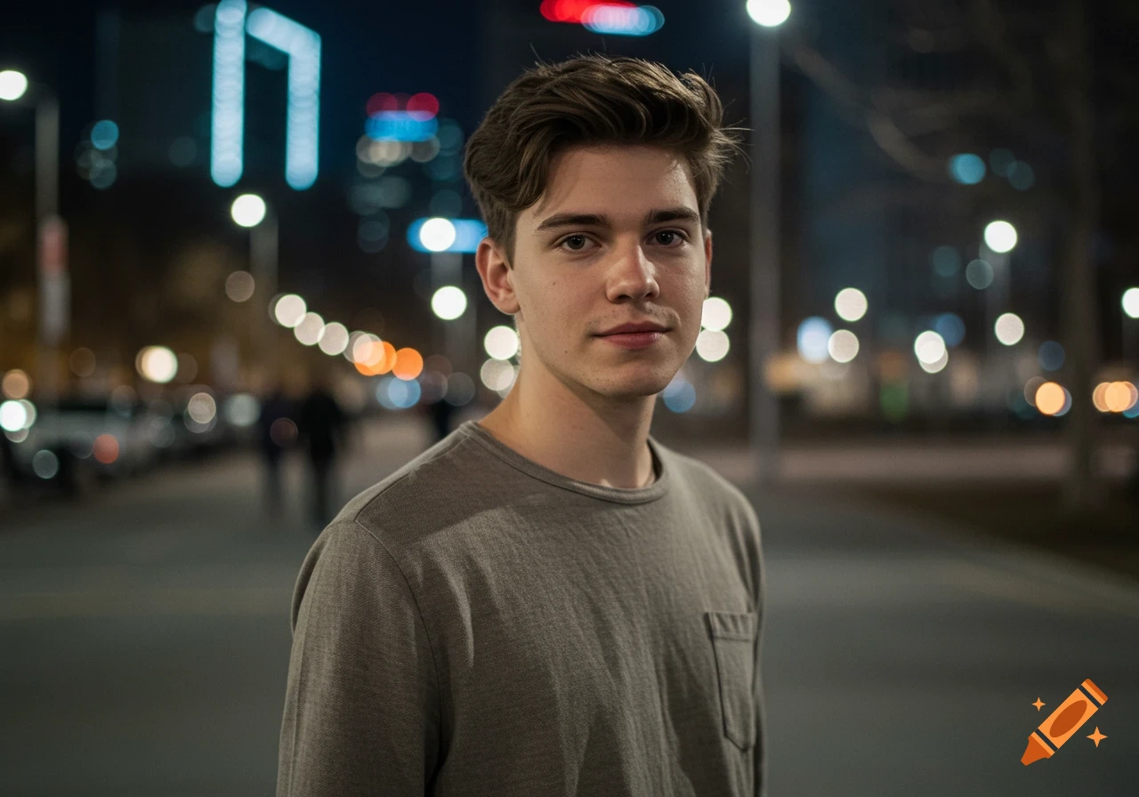 A young man with brown hair in a grey shirt looks at the camera in a blurry city street at night.