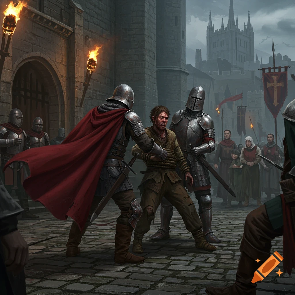 Two armored medieval guards apprehend a distressed man on a cobblestone street, with townspeople and a castle in the background, in a detailed, realistic style.
