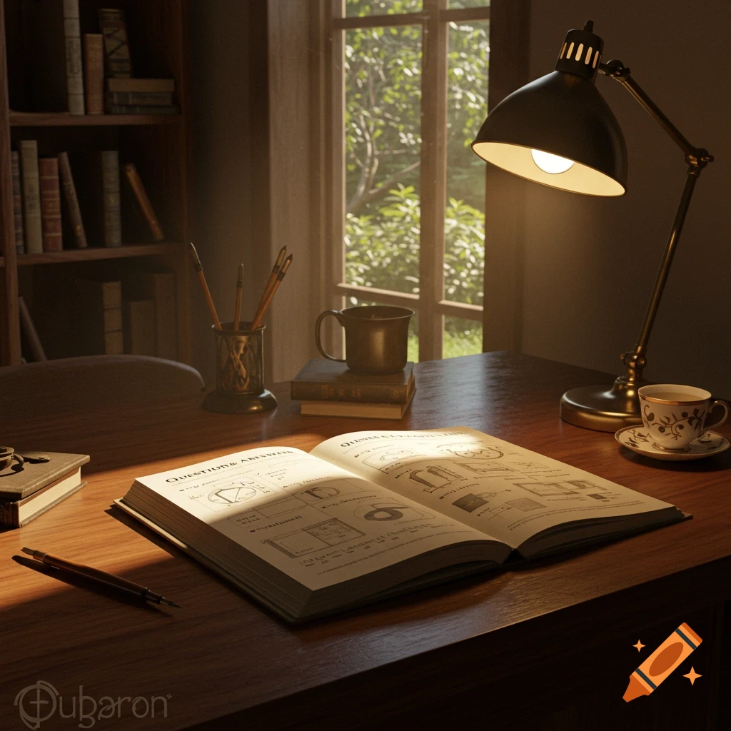 A photorealistic image of a vintage-style study desk with an open book, a lamp, a teacup, and a mug, bathed in sunlight from a window.