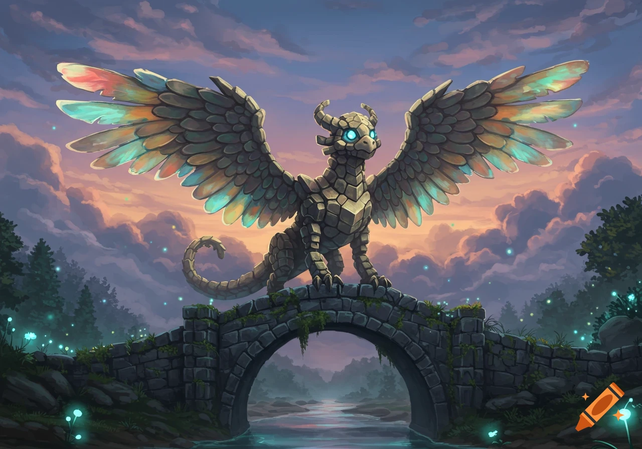 A stone dragon with glowing blue eyes and iridescent wings stands on a mossy bridge at sunset in a fantasy landscape.