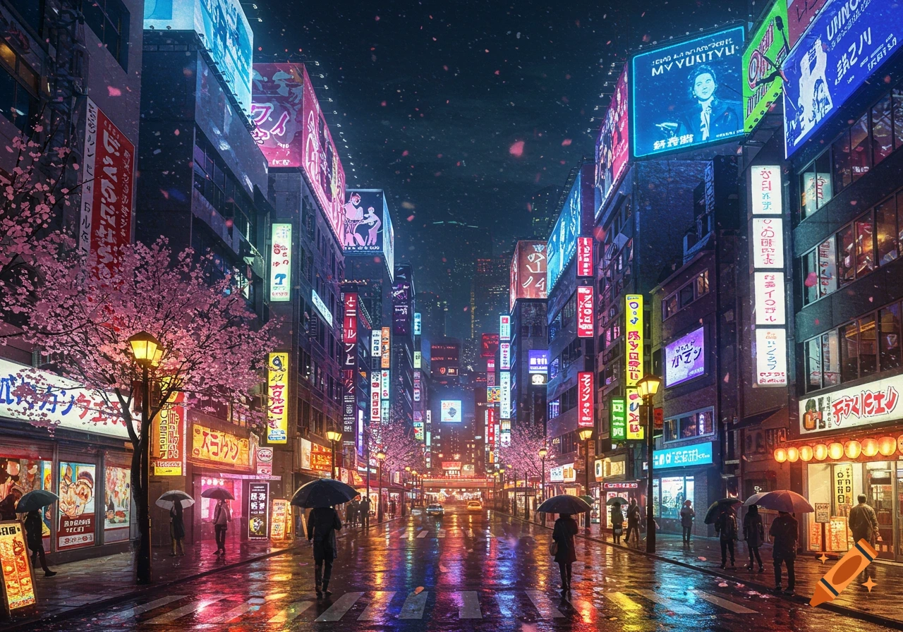 A bustling Tokyo street at night, with people holding umbrellas walking on a wet street reflecting neon signs. Cherry blossoms in pink frame the scene, under a sky with falling petals.