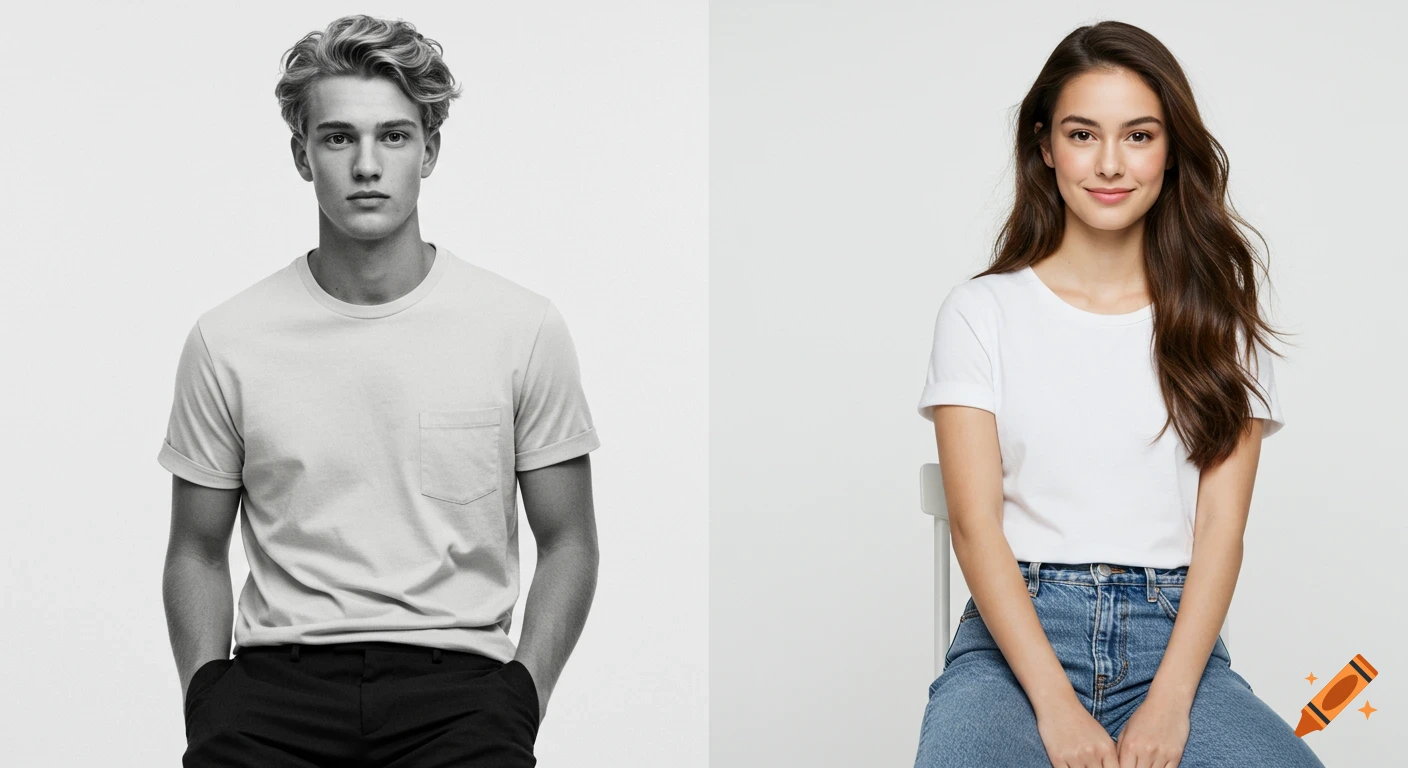 A blond man in a light t-shirt and dark pants next to a brunette woman in a white t-shirt and jeans, both against a white background.