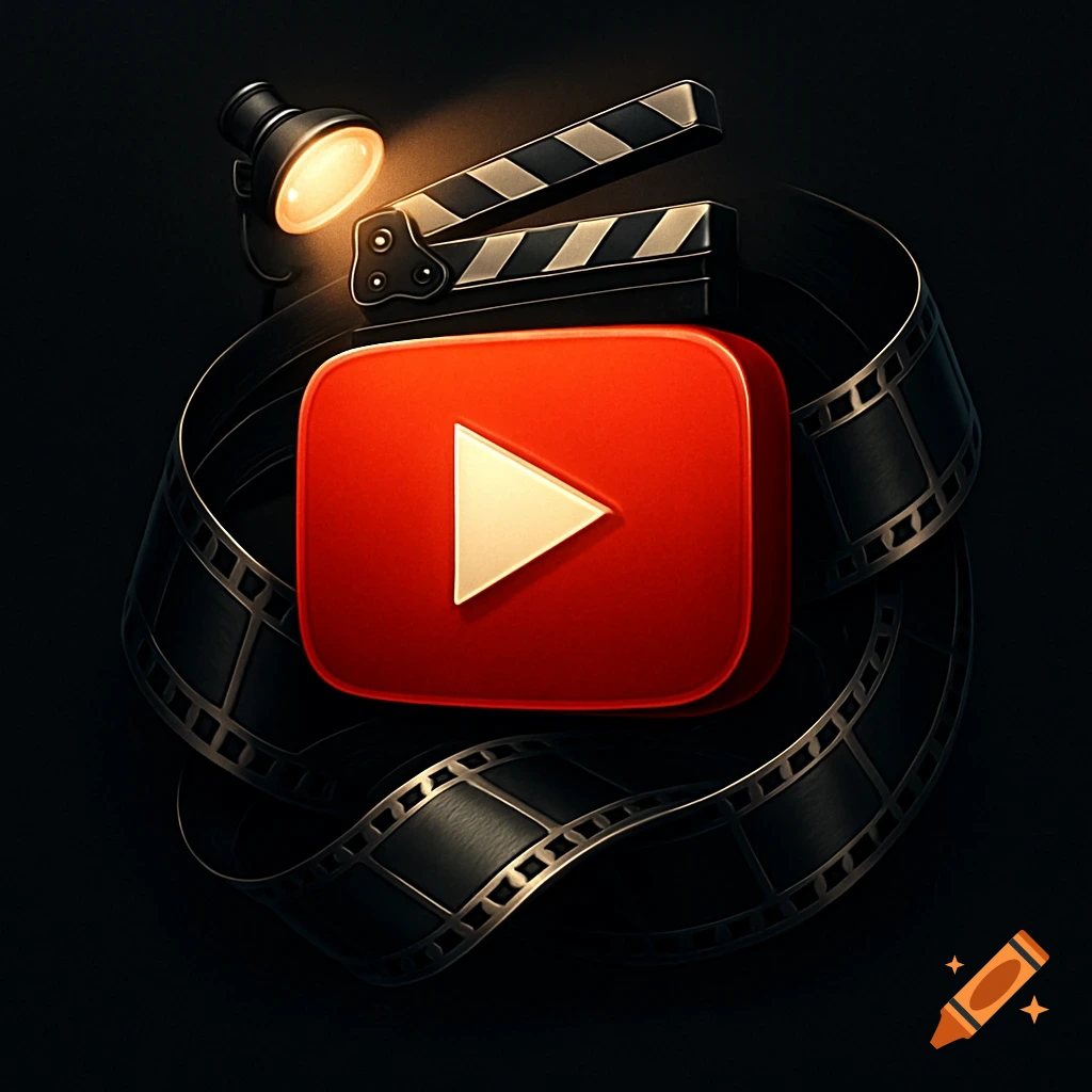 A glowing red YouTube play button surrounded by a clapperboard, film reel, and spotlight on a dark background in a cinematic style.