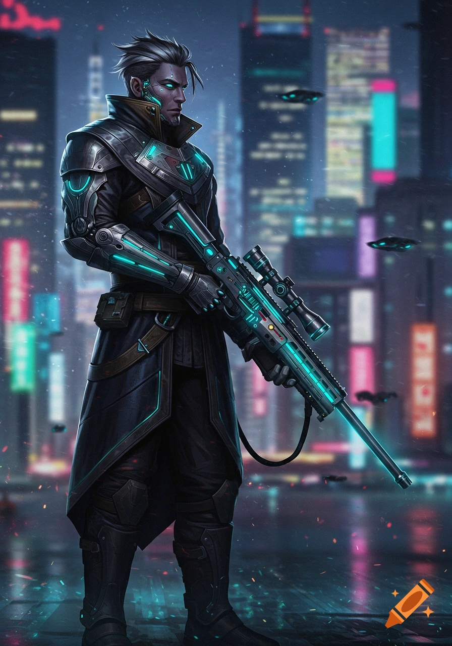 A futuristic male assassin in glowing armor holds a laser sniper rifle in a neon-lit cyberpunk city.