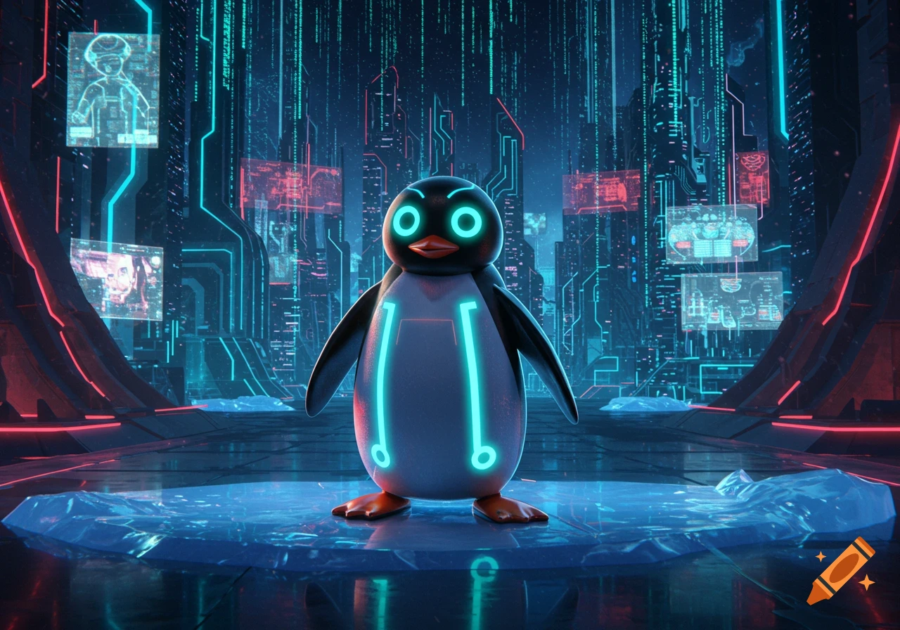 A futuristic penguin with glowing neon lines stands on an icy platform in a cyberpunk city bathed in blue and red neon lights.