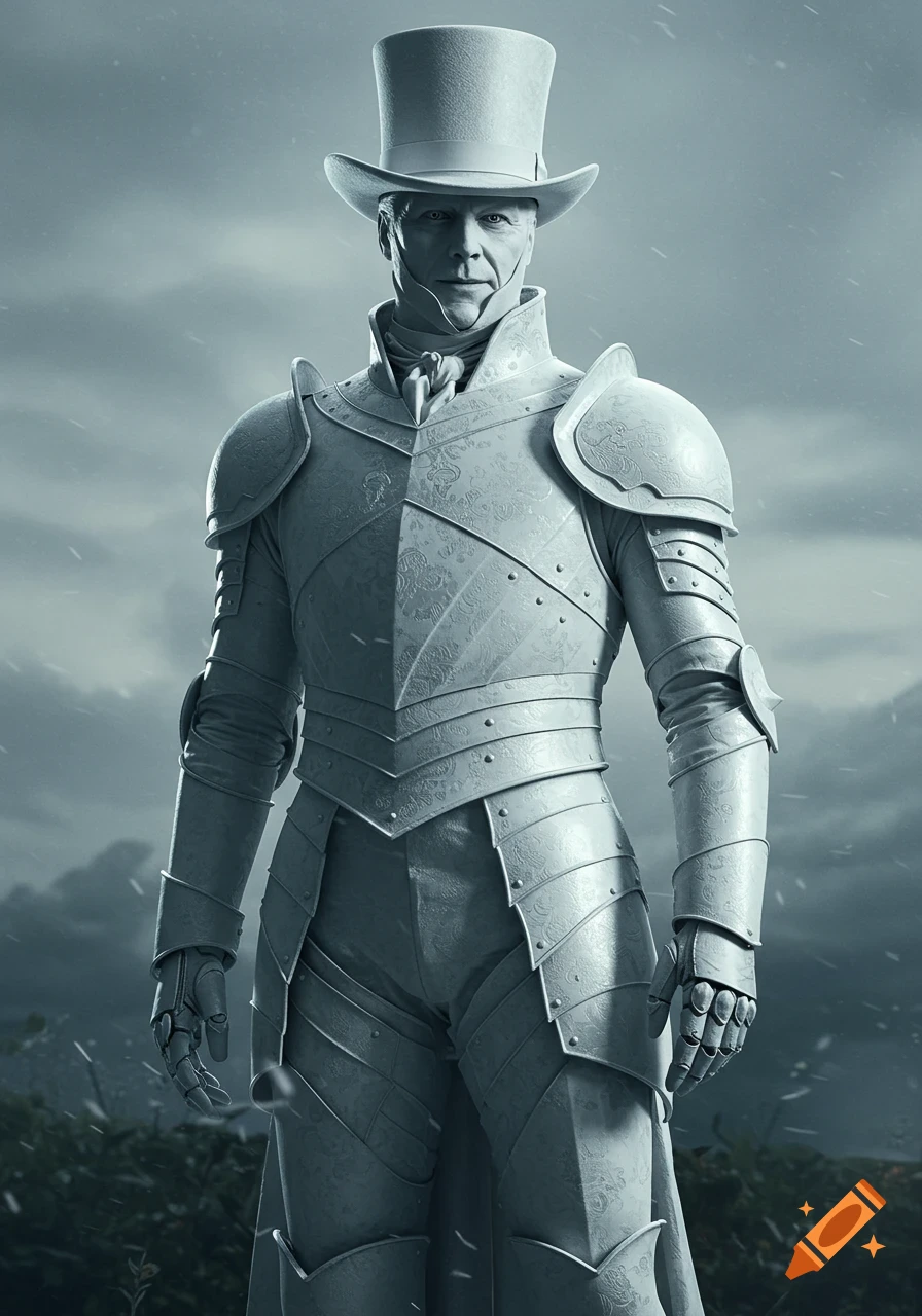 A photorealistic image of a man in ornate white armor and a white top hat, standing under a cloudy sky.