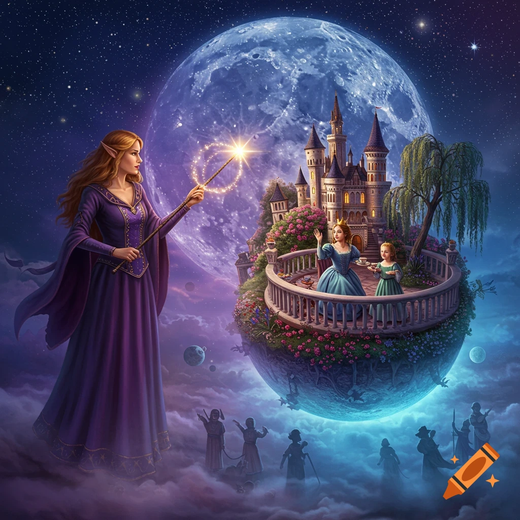 A sorceress casts a spell creating a floating castle with a queen and daughter waving, under a large moon in a starry sky.