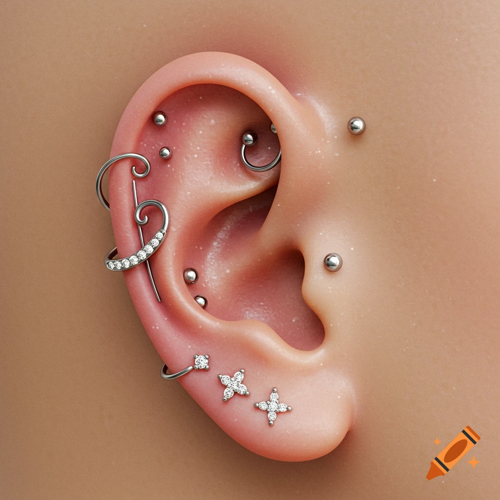 Close-up of an ear with multiple silver and diamond piercings, photorealistic.