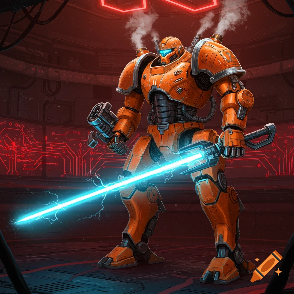 An orange robot stands in a sci-fi lab, holding a bright blue laser sword and another weapon. Detailed illustration.