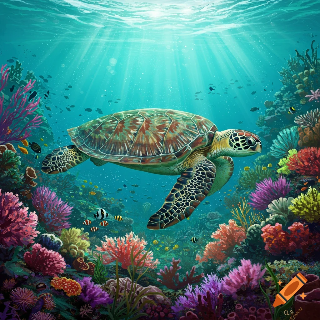 A colorful sea turtle swims among vibrant coral and fish in a sunlit turquoise underwater reef.